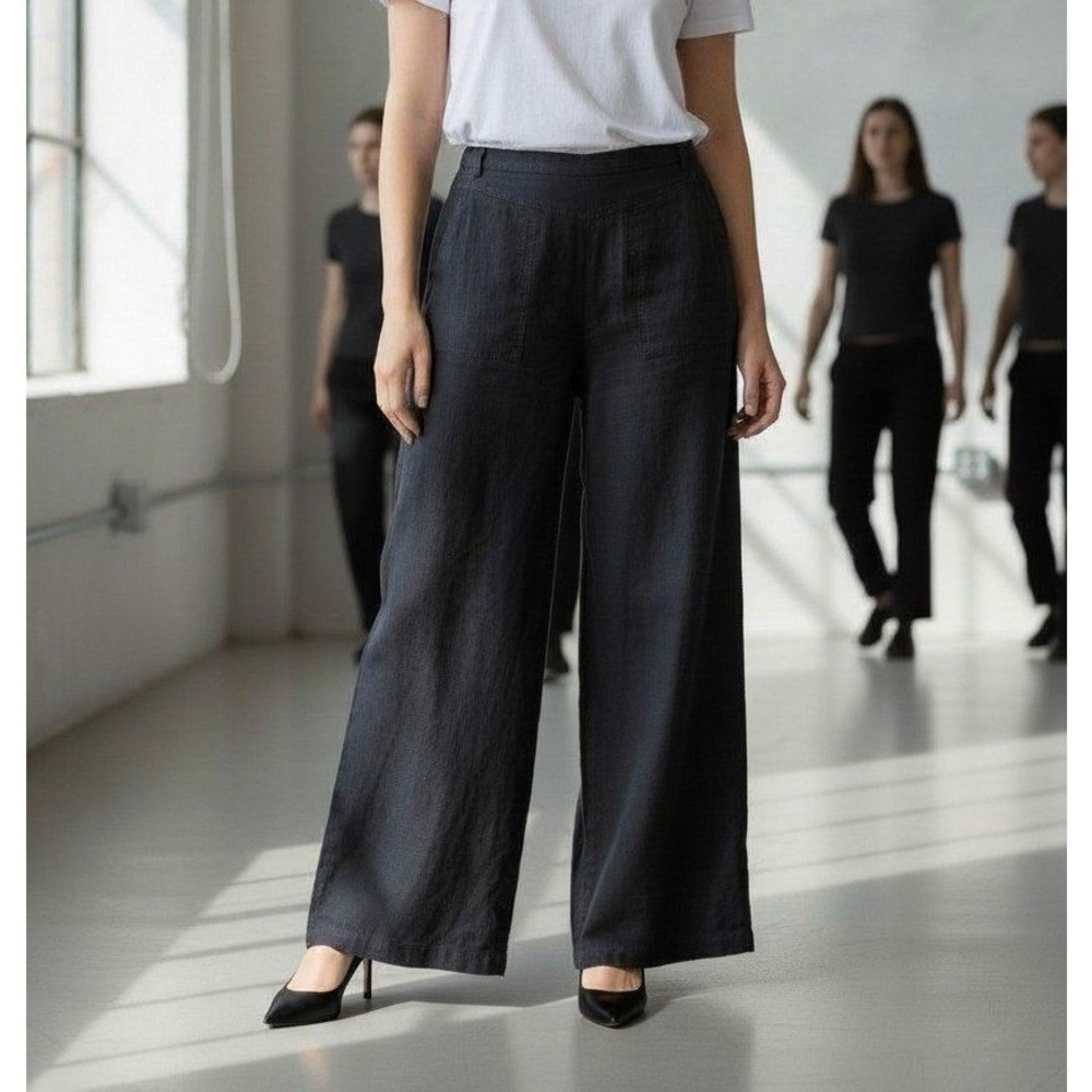 See By Chloe Navy Blue Linen Blend Wide Leg High Waist Pants Size 34 NWT